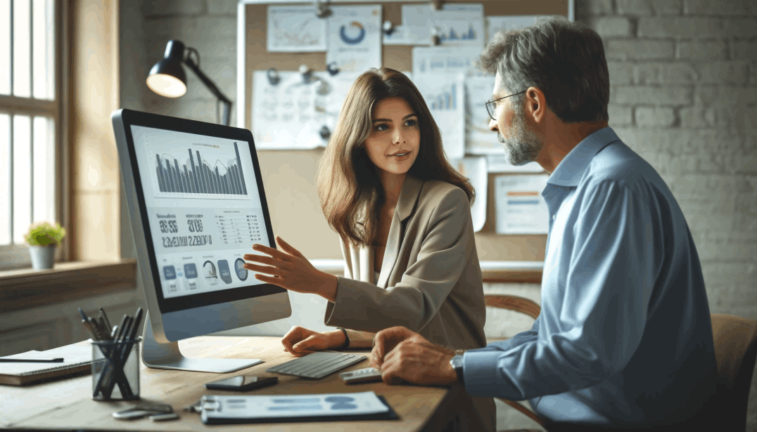 Hallmark Platform BI Automation Benefits. A woman is sharing a computer screen and showing a data dashboard with her colleague.