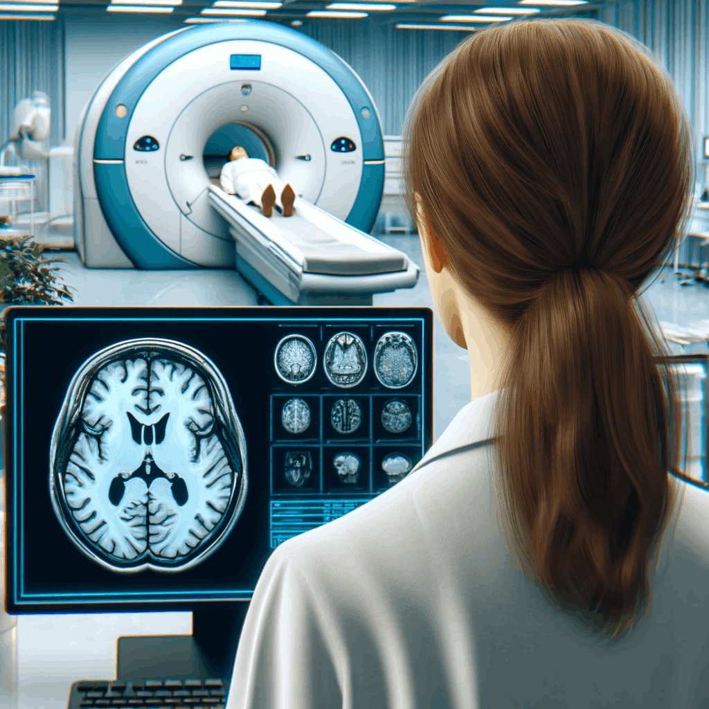 Lady doctor looking at MRI images as a patient is being scanned